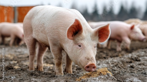 The pig stands inquisitively in the muddy ground, munching on some feed. A group of pigs frolics in the background, all under a moody sky, signaling an early winter day at the farm