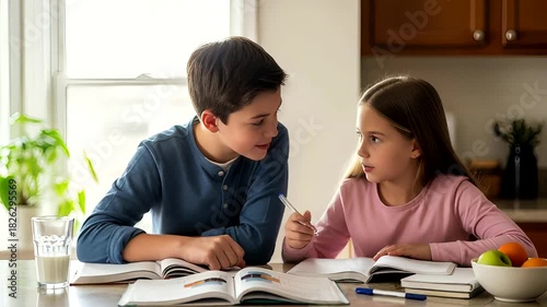 Children studying together at a kitchen table with books and snacks