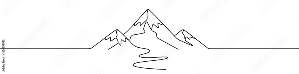 Naklejka premium Outline of a mountain range with a river winding through it, drawn with one continuous line. Symbol of nature, travel, adventure, climbing, and grandeur. Vector illustration.