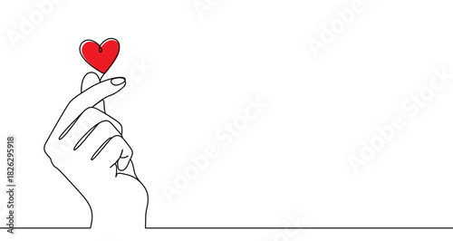 Hand gesture "Korean heart" with red heart fill, drawn with one continuous line. Symbol of love, affection, greeting, acknowledgment, and romance. Vector illustration.