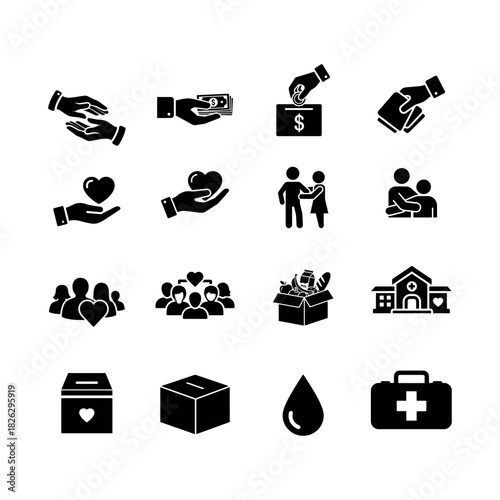 Charity and donation vector silhouette icons set isolated on white background
