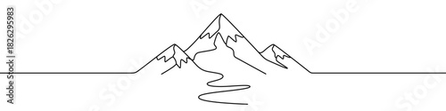 Outline of a mountain range with a river winding through it, drawn with one continuous line. Symbol of nature, travel, adventure, climbing, and grandeur. Vector illustration.