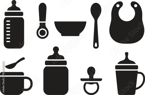 Silhouette Baby Feeding Icons Set. Bottle, Cup, Spoon, Bib, Feeding Vector Illustration