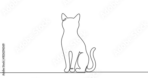 Cat sitting drawn with a continuous line. One line art drawing of a pet in a minimalist style. Vector illustration of an animal on a white background.