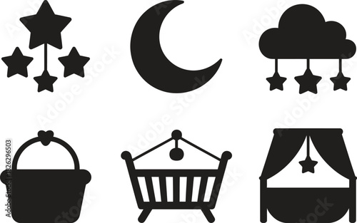 Silhouette Baby Sleep Icons Set. Moon, Stars, Crib, Bed, Nighttime Vector Illustration