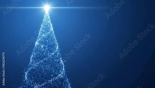 Elegant blue particle Christmas tree rotating with glowing star and lens flare