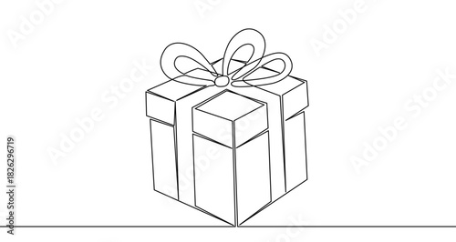 Gift box drawing in one line art style. Schematic illustration of a present with editable stroke on a white background. Vector illustration.