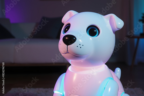 Futuristic robotic dog with glowing lights sits in a dimly lit room, offering companionship.