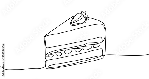 Drawing of a slice of cake with a strawberry in one line art style. Dessert illustration with editable stroke on a white background. Vector illustration.