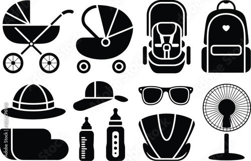 Silhouette Baby & Kids Essentials Icons Set. Stroller, Backpack, Hat, Bottle, Fan Vector Illustration