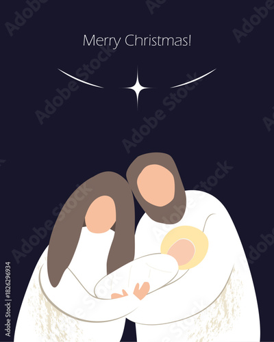 Christmas nativity scene of baby Jesus, Mary and Joseph. Hand drawn stylized bible illustration clipart isolated. Cartoon vector illustration in Scandinavian style