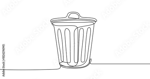 Drawing of a trash can or garbage basket in one line art style. Illustration with editable stroke on a white background. Vector illustration.