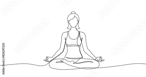 Drawing of a woman sitting in lotus pose and meditating in one line art style. Yoga illustration with editable stroke. Vector illustration.