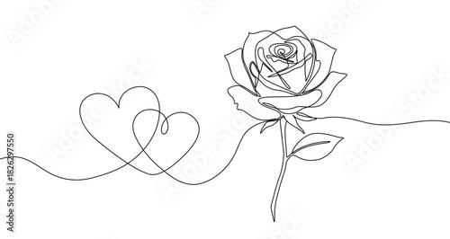 Drawing of a rose and two hearts connected by a single line. Love illustration with editable stroke. Vector illustration.
