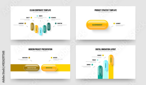 Project Showcase Five One Two Three Option Diagram Presentation Template Vector Illustration Bundle. Consulting Portfolio 5 1 2 3 Step Infographic Slide Layout Collection.