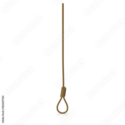 Tightly knotted brown rope noose loop hanging isolated on transparent background