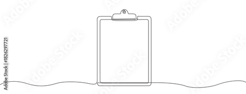 Drawing of a clipboard with a sheet of paper in one line art style. Document illustration with editable stroke. Vector illustration.