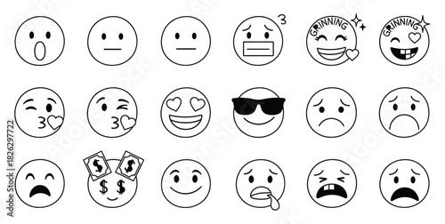 Collection of hand drawn cartoon emoji faces expressing various emotions and feelings