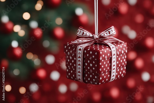 Red Christmas gift box with ribbon hanging on festive background, elegant holiday still life perfect for seasonal campaigns or e-commerce design.
