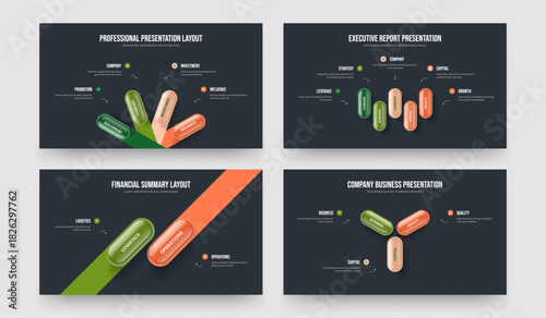 Advertising Report 4 5 2 3 Element Infographic Slideshow Layout Bundle. Market Showcase Four Five Two Three Option Diagram Presentation Template Vector Illustration Set.