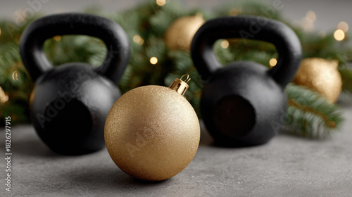 Golden Christmas ornament with kettlebells and festive greenery in background, symbolizing fitness and holiday cheer