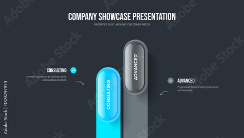 Sales Introduction 2 Option Infographic Slide Template. Enterprise Profile Frame Design Vector Illustration. Service Insight Two Step Diagram Slideshow Layout.