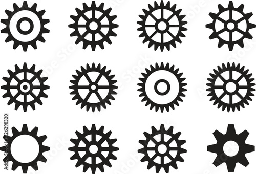 Silhouette Gear Icons Set. Mechanism, Machinery, Industrial, Engineering Vector Illustration