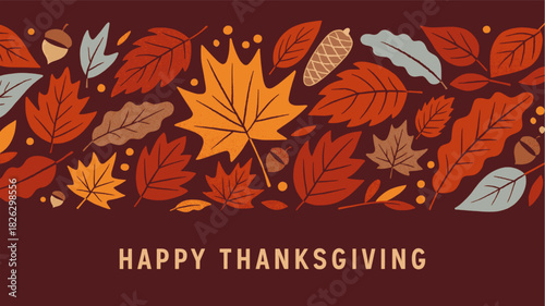 Thanksgiving autumn seamless pattern hand drawn vector background. Fall decorative border with dried leaves, acorns, berries with text. Foliage backdrop with forest leafage for post banner, web, print