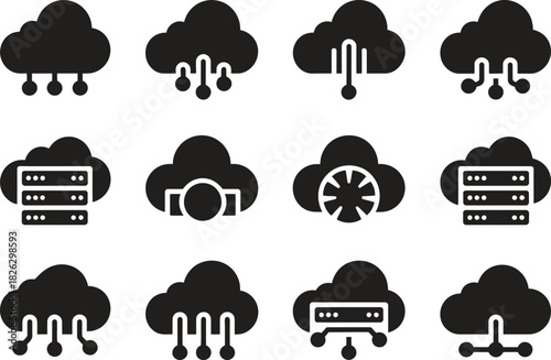 Silhouette Cloud Computing Icons Set. Cloud Storage, Data, Server, Network Vector Illustration