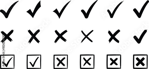 Hand drawn check mark and cross mark set in different styles and boxes