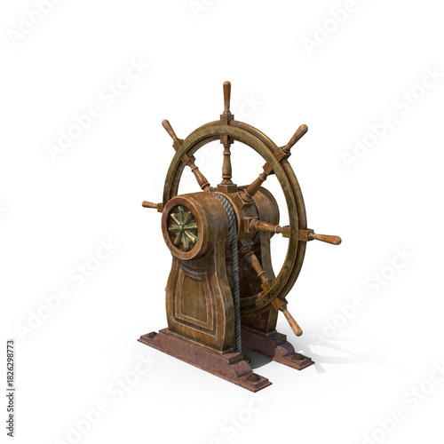 Wooden boat steering wheel with rustic base stand on transparent background