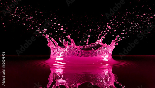 Dynamic magenta liquid splash against a black background.  Perfect for vibrant designs,  advertising, and cosmetic projects. High-resolution image ideal for printing and digital media.