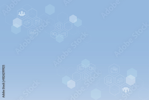 Abstract technology background with digital hexagon icons, data, communication and business concepts. Modern blue corporate background for presentations, websites, IT solutions and innovation themes.