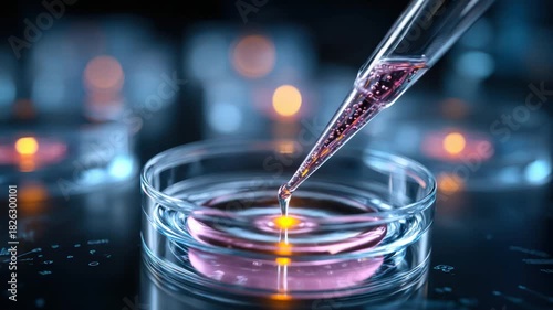 Scientific image of a pipette dispensing liquid into a petri dish with a dark backdrop