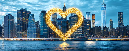 A sparkling golden heart shimmers over a breathtaking cityscape at twilight.  This evocative image symbolizes love, hope, and urban romance, perfect for Valentines Day, travel, or citythemed projects.