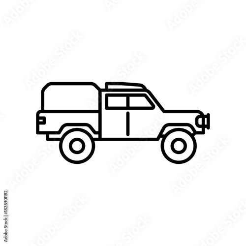 Military truck outline icon. offroad truck black line illustration.