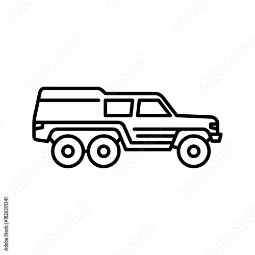 Offroad truck outline icon. 6 wheeler truck black line illustration.