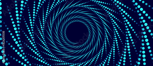 Spiral with blue halftone dots as water background. Abstract halftone advertising background or design element.