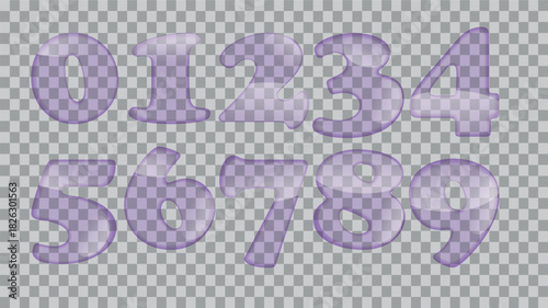 Realistic Purple Glass Number Set on Transparent Background PNG format