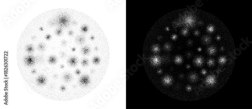 Modern abstract background. Halftone dots in circle form. Vector dotted round logo. Design element or icon, logo. Black shape on a white background and the same white shape on the black side.