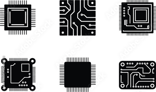 Silhouette Technology & Circuit Board Icons Set. Chip, Processor, Electronics, Vector Illustration