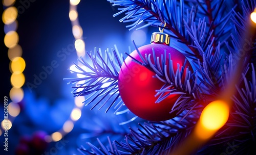 Fir blue pine branch and christmas ball - christmas holidays background christmas background christmas holiday background winter decoration celebration