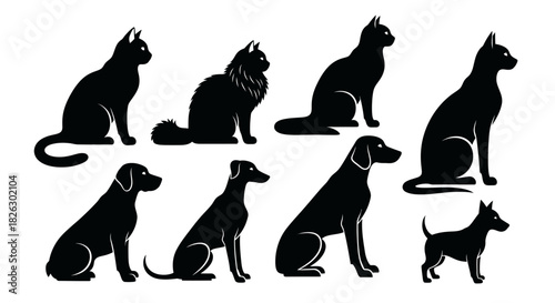Silhouette collection of cats and dogs sitting in various poses against white background