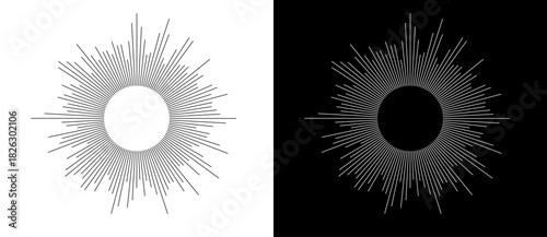 Abstract background with burning lines in cicrle. Design element or icon. Black shape on a white background and the same white shape on the black side.