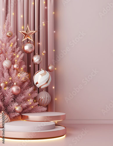 Dreamy festive product display with pastel pink Christmas tree and ornaments