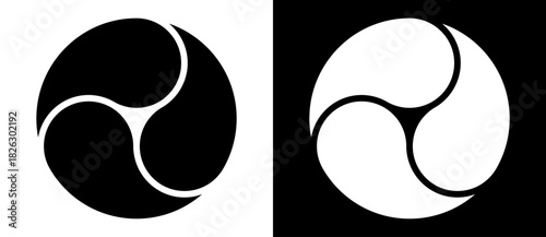 Abstract background with 3 parts spiral as logo, icon or design element. Black shape on a white background and the same white shape on the black side.