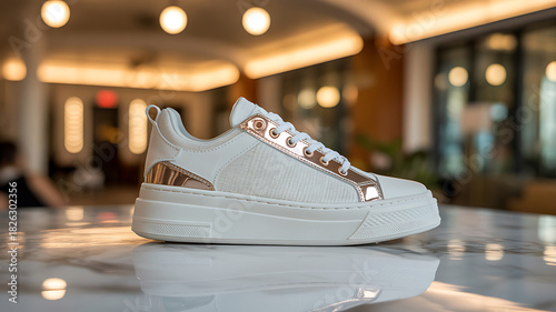 Stylish White and Rose Gold Platform Sneakers on Marble Surface