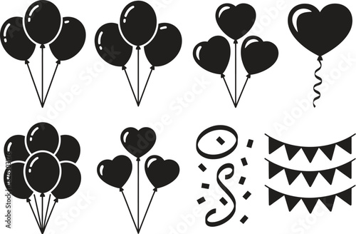 Silhouette Celebration and Party Icons Set. Balloons, Confetti, Decorations Vector Illustration