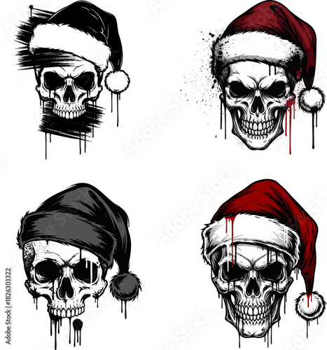 Grungy Skull with Santa Hat Gothic Christmas Art