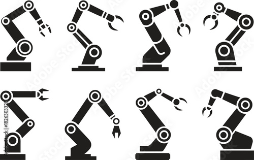 Silhouette Robotic Arm Icons Set. Automation, Technology, Machine, Industry Vector Illustration